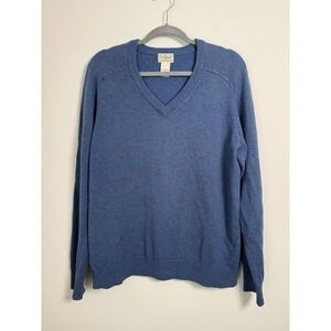 LL Bean Mens Sweater Sz L Blue 100% Lambswool V Neck Cabincore Cozy Fall Holiday